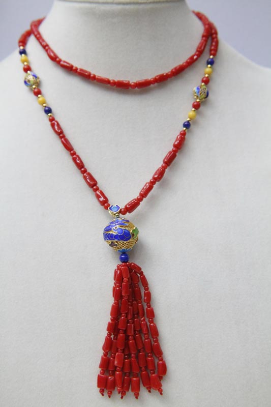 现代 深红珊瑚配<em>手工</em>掐丝<em>烧蓝</em>925银加长<em>毛衣链</em>